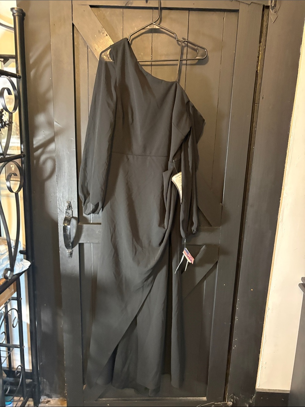 Betsy & Adam Black One-Shoulder Long Sleeve Gown
